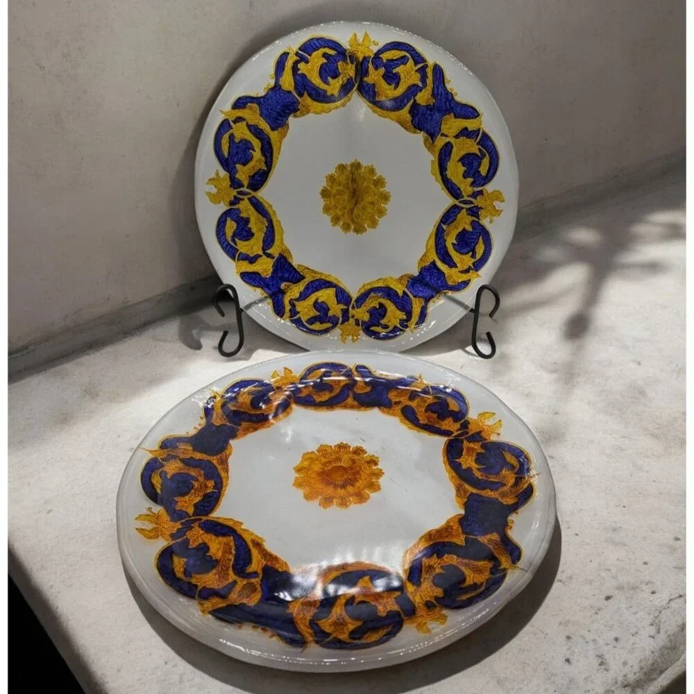 Vintage Singl3 Glass Decorative Plate w Blue Gold Hand Painted Versace Style 14